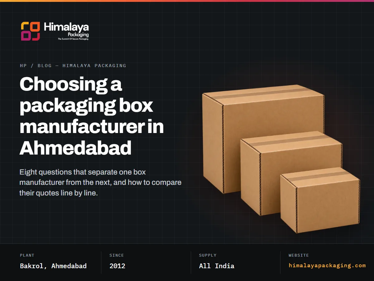 Corrugated boxes with the article title about choosing a manufacturer in Ahmedabad