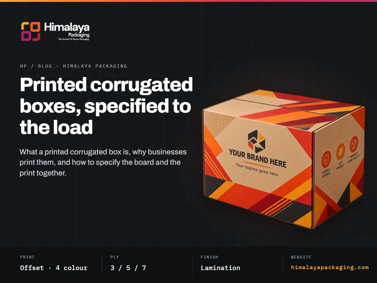 Printed corrugated box render with the article title and print specification