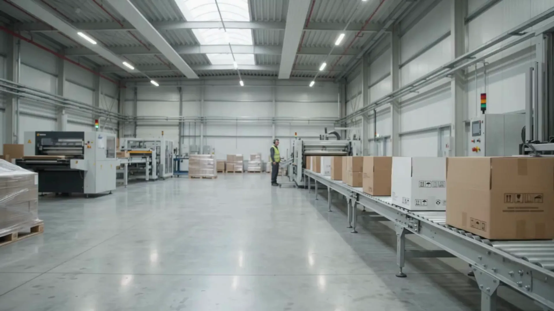 Production floor with converting machinery on the left and finished corrugated boxes on a roller conveyor on the right