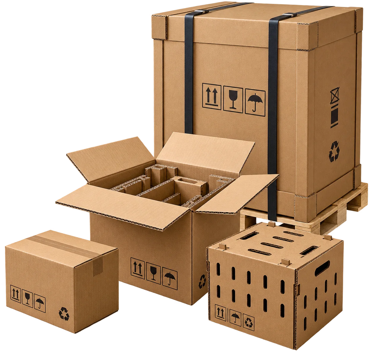 Heavy duty corrugated packaging range &mdash; a strapped export carton on a pallet with edge protectors, a box with die-cut partitions, a ventilated produce carton and a sealed shipping box