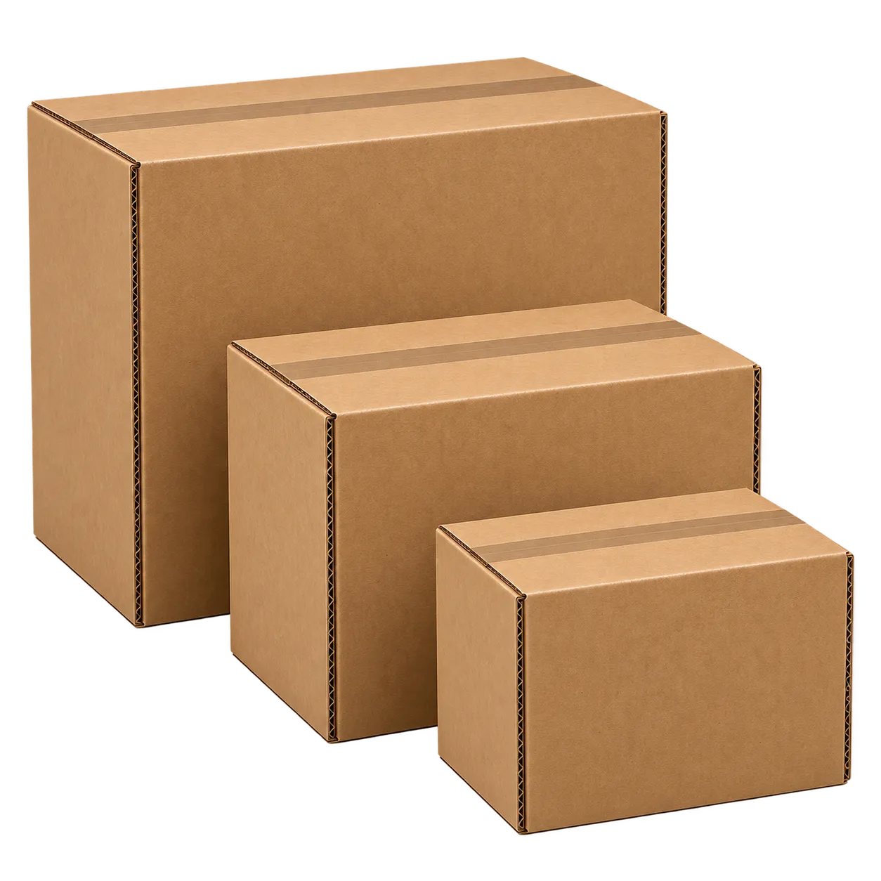 Three plain kraft corrugated shipping boxes in graduated sizes