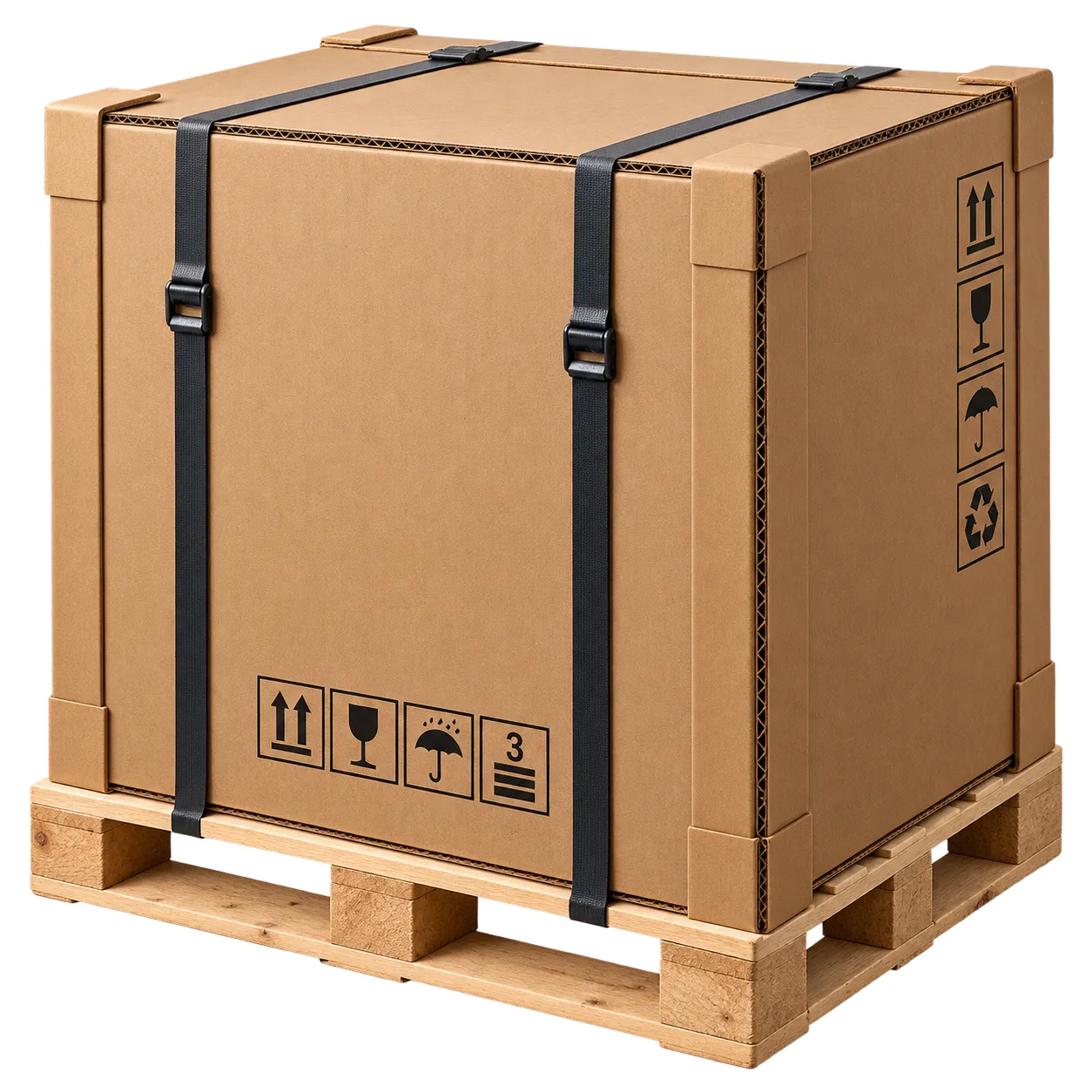 Nine ply export carton strapped to a wooden pallet with corner edge protectors