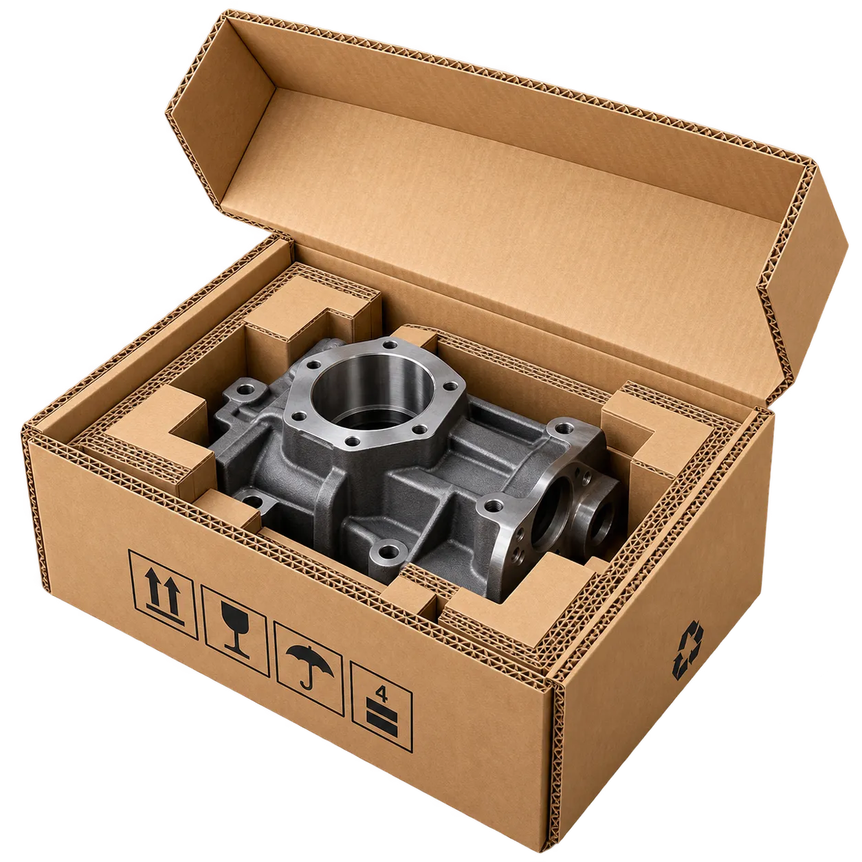 Machined casting seated in a die-cut kraft insert inside a heavy duty corrugated box