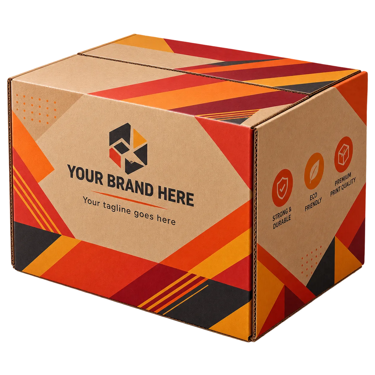 Corrugated box printed in four colours with a sample brand design