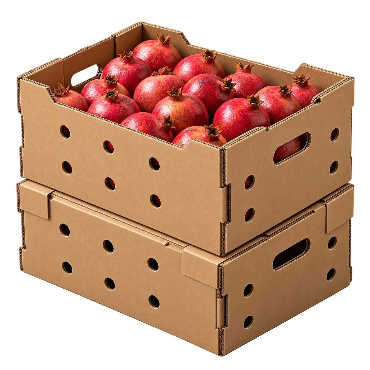 Ventilated corrugated produce cartons with hand-holes, stacked, filled with pomegranates